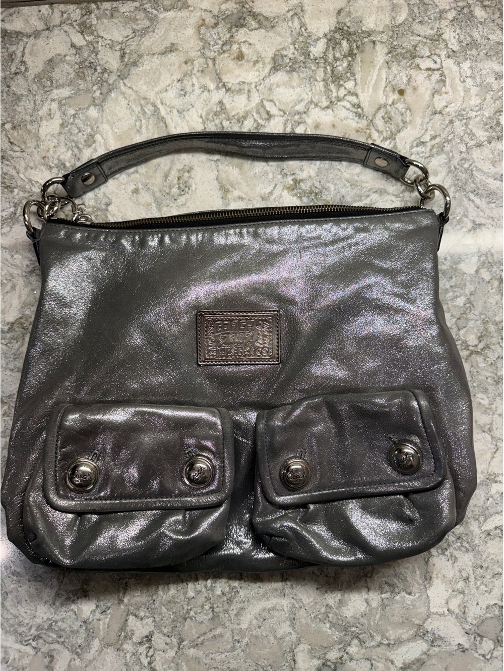Coach Poppy Metallic Leather Pocket Swing Hobo Bag in a silver metallic 14561